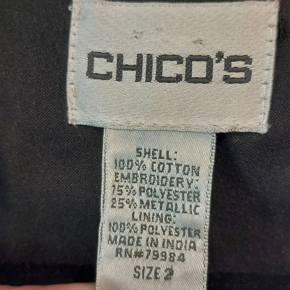 Chico's Black Cotton Velvet Blazer Silver Metallic Embroidery Jacket Size 2 L